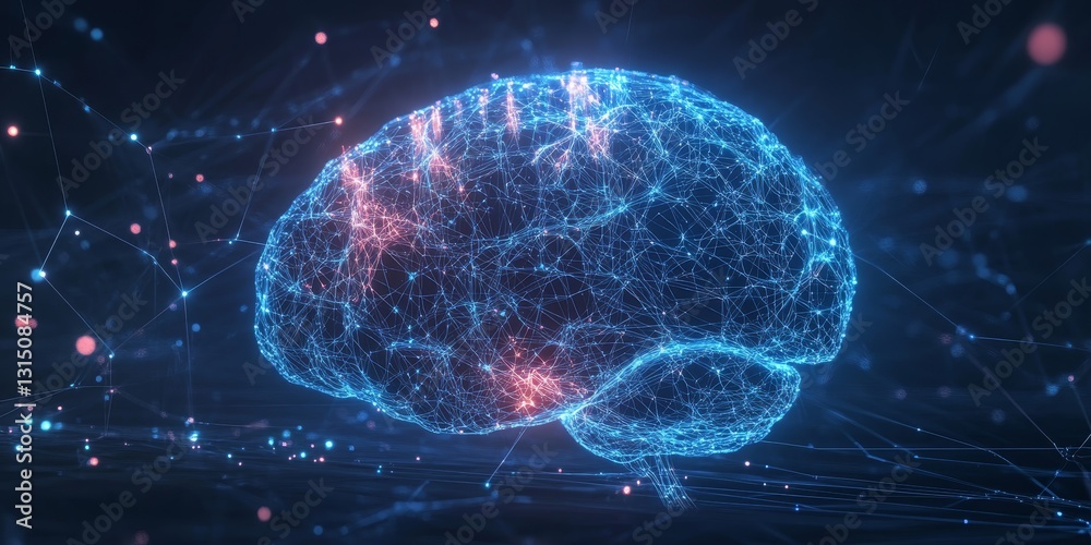 Poster digital art representation of a brain showcasing glowing connections and networks, symbolizing the i
