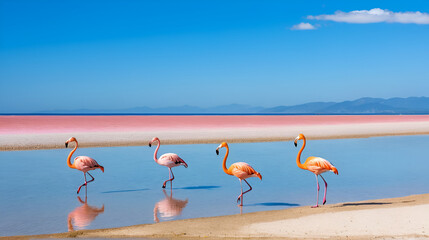 Obraz premium Group of flamingos on a sandy beach and bright blue sky