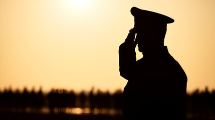 Silhouette of a soldier in dress uniform saluting