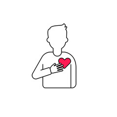 A simple line drawing shows a person holding a red heart. it symbolizes love, compassion, and kindness.