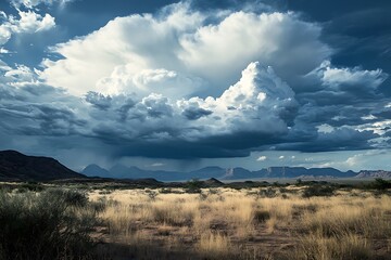 Expansive landscape with dramatic clouds over a grassy terrain and distant mountains.