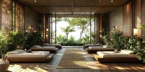 Serene spa retreat with natural light and tranquil atmosphere overlooking lush greenery and coastline