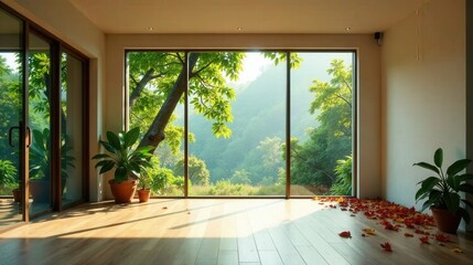 Fototapeta premium Serene Room with Expansive Window Showing Lush Green Landscape and Sunlight Streaming Through, Scattered Autumn Leaves on Hardwood Floor