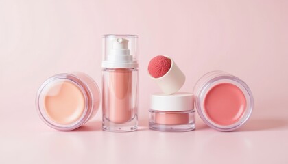 The cosmetic products containers feature sleek, minimalist designs with transparent bodies