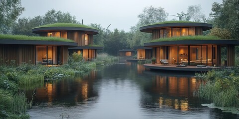 Modern circular homes surrounded by water and greenery create a tranquil retreat in nature