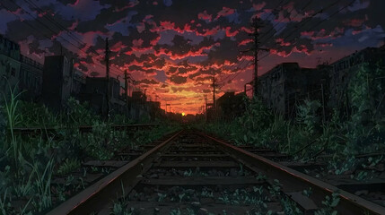 Naklejka premium Overgrown railway tracks at sunset in an abandoned city; post-apocalyptic setting, perfect for dystopian themes