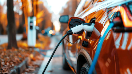 A vibrant orange electric vehicle being charged in a scenic autumn setting with falling leaves and residential buildings.