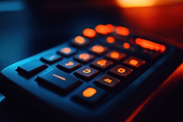 Obraz premium Illuminated alarm system keypad in a dimly lit office space with modern design and subtle shadows showcasing security features