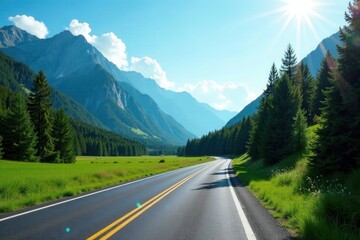 Fototapeta premium Asphalt Road Winding Through a Majestic Mountain Valley Under a Bright Sunny Sky