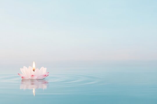 serene image of lit lotus flower candle floating on tranquil water during vesak day symbolizing peace and enlightenment