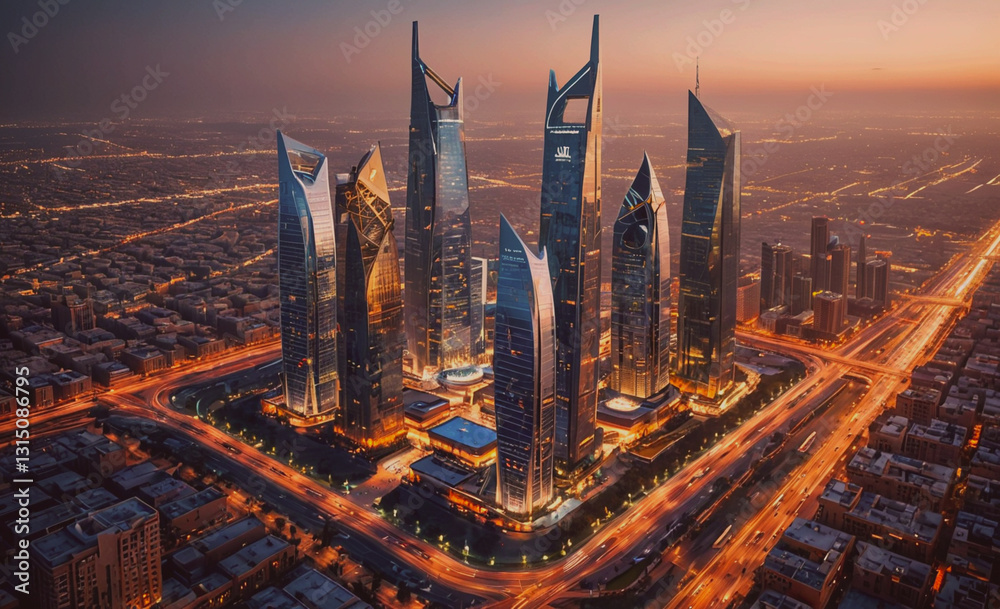 Poster cityscape with tall buildings and a large round building in the center. the buildings are lit up at 