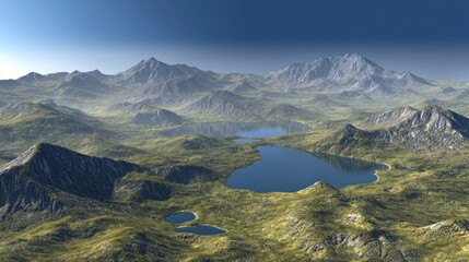 Fototapeta premium High-altitude view of alpine lakes and mountains, sunny day
