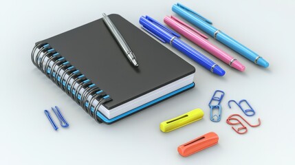 A sleek modern desk organizer with pens, a notebook, and paper clips on a white isolated background