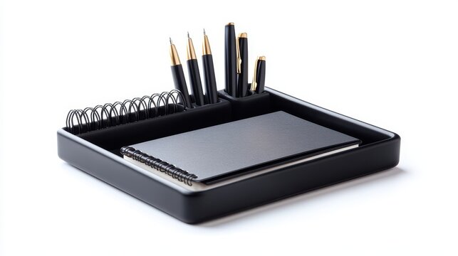 A sleek modern desk organizer with pens, a notebook, and paper clips on a white isolated background