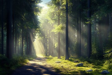 Fototapeta premium A serene forest path illuminated by sunlight filtering through tall trees.