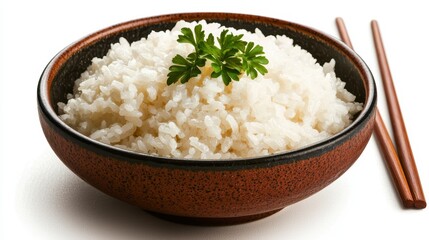 Close Up of Steamed White Rice in Brown Bowl with Chopsticks