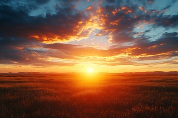 Fototapeta premium A breathtaking sunset over a grassy field with vibrant clouds.