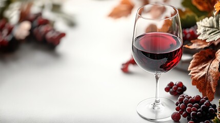 Autumn Red Wine Glass on White Background with Grapes and Leaves