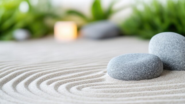 serene minimalistic zen garden with smooth pebbles and raked sand encouraging tranquility and relaxation surrounded - Powered by Adobe