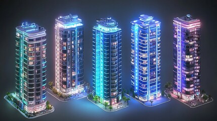 Obraz premium Modern Urban Skyscrapers with Neon Lighting in a Night Cityscape