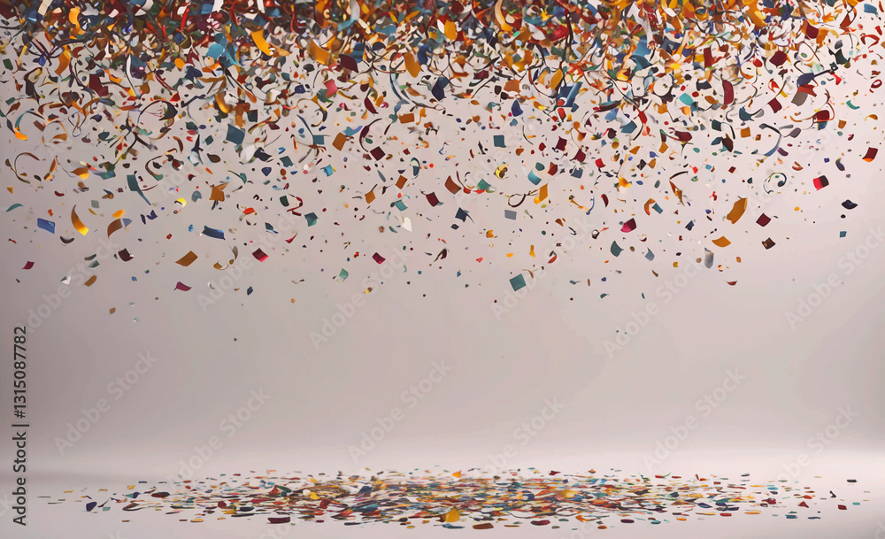 Poster Colorful explosion of confetti is falling from the sky. The confetti is in various colors and sizes, creating a festive and celebratory atmosphere. The scene is likely from a party or event