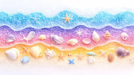 Fototapeta premium Seashells and starfish arranged on colorful sand with water illustration