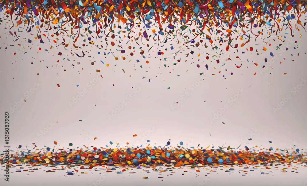 Poster Colorful explosion of confetti is falling from the sky. The confetti is in various colors and sizes, creating a festive and celebratory atmosphere. The scene is likely from a party or event