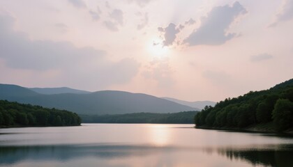 A serene sunset over a tranquil lake, with soft pastel hues blending in the sky and reflected in the shimmering water
