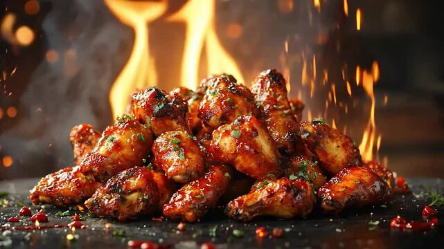Roasted chicken wings piled high over fire