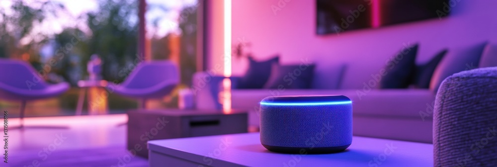 Fototapete stylish living room featuring smart speakers with dynamic lighting and music control while engaging 