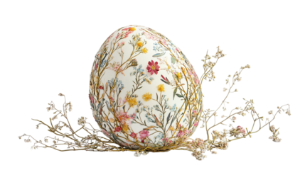 Easter egg covered in delicate pressed flowers and golden vines, romantic and vintage, isolated on white background --ar 16:9