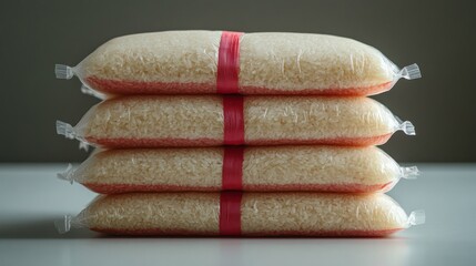 Stacked plastic bags of rice on a white surface