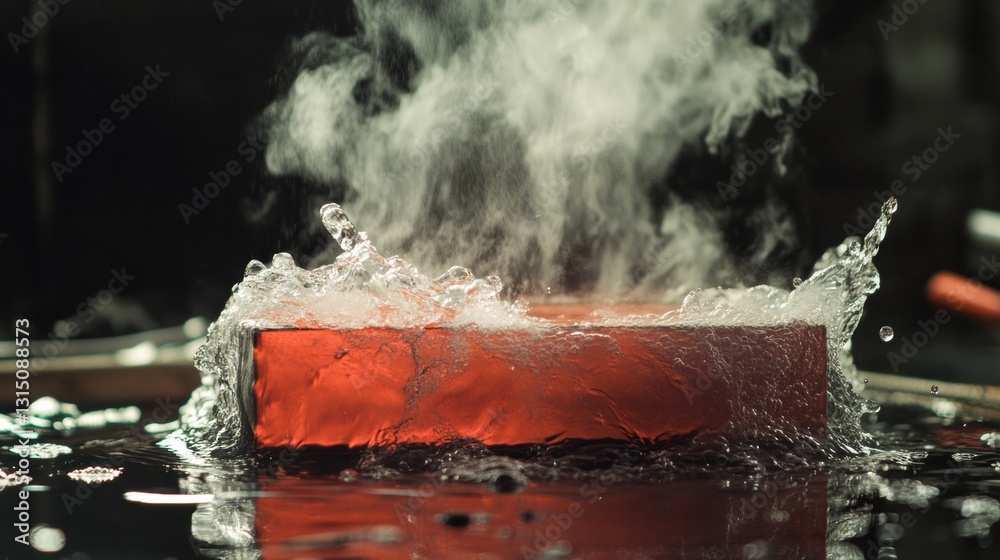 Poster red hot metal billets undergo tempering in workshop with steam clouds filling the air and tools scat