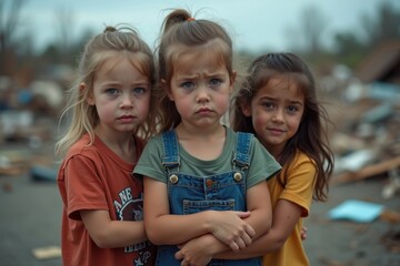Fototapeta premium Children embrace each other amidst destruction