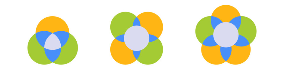 Series of three abstract geometric forms with overlapping circles in blue green and orange tones.