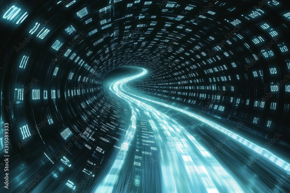 Poster a computer generated image of a tunnel with a blue line running through it. the tunnel is filled wit