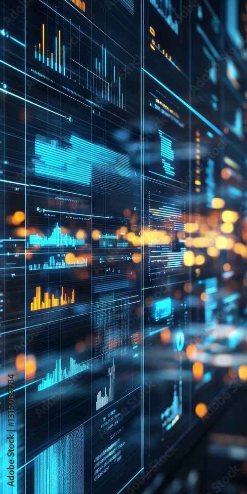 Aufkleber immerse in a futuristic data visualization scene featuring dynamic charts and glowing metrics. perfe