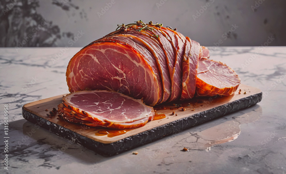 Poster slab of ham is cut into slices and placed on a wooden cutting board. the ham is surrounded by herbs 