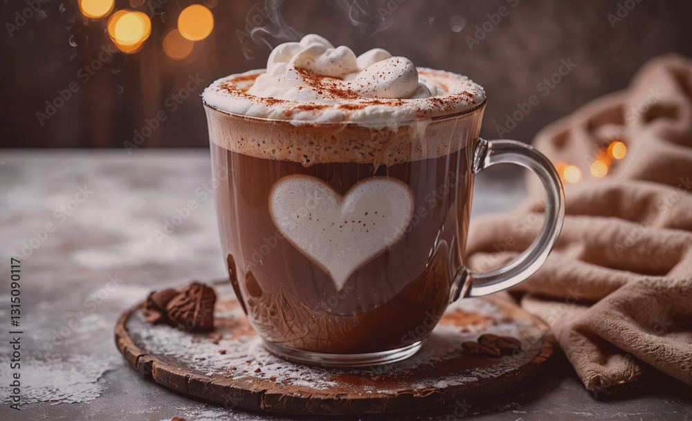 Poster mug of hot chocolate with a heart design on it sits on a wooden table. the steam rising from the mug