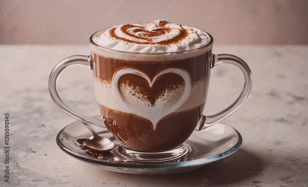 Poster cup of coffee with a heart design on it sits on a saucer. the heart design is made with chocolate an