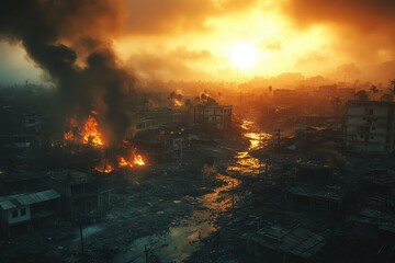 Destruction and chaos engulf the city as flames rise and smoke billows during sunset