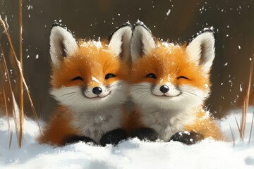 Fototapeta premium Playful twin foxes resting in the snow during a winter day in a serene forest setting
