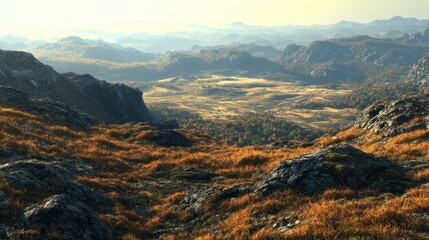 Autumn mountain valley vista from high peak