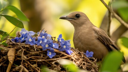 Fototapeta premium Bird Nesting Among Vibrant Blue Flowers in a Lush Green Environment with Soft Lighting