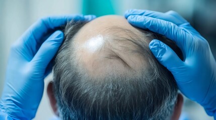 Naklejka premium Doctor wearing blue gloves examining patient's scalp, checking hair and skin condition for potential hair loss treatment or transplantation
