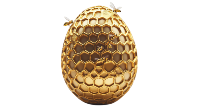Easter egg covered in golden honeycomb patterns with tiny bees, nature-inspired, isolated on white background --ar 16:9