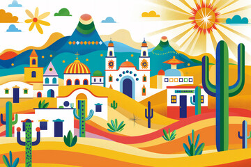 A stylized artistic depiction of a desert village with cacti, white buildings, a bright sun, and rolling hills in warm and vibrant colors, showcasing an abstract aesthetic.