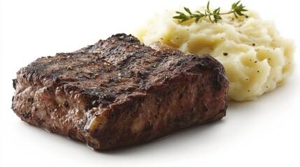 A perfectly grilled steak with a side of mashed potatoes on a white isolated background