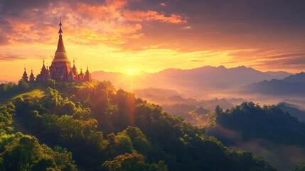 Pagoda Sunrise on Lush Hillside
