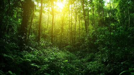 Obraz premium Sunlight Streams Through A Lush, Vibrant Rainforest, Illuminating The Dense Undergrowth And Towering Trees In A Breathtaking Display Of Natures Beauty With Warm Golden Light And Deep Green Shadows